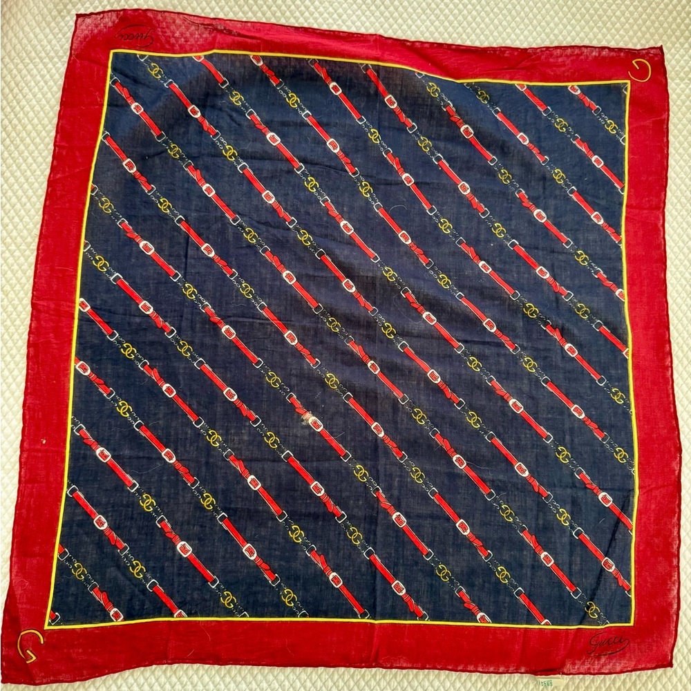 GUCCI cotton blue/ wine red scarf